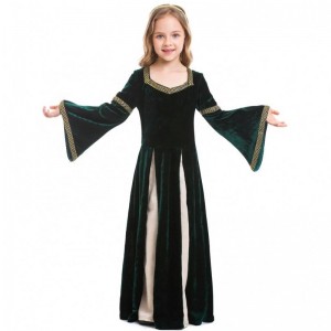 Phục hưng mới Phục hưng Retro Girls Musy Sân khấu Sân khấu Sân khấu Dark Green Bell-Sleeved Long Witch Trang phục