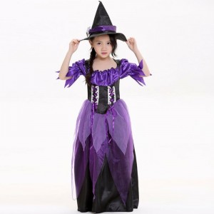 Lễ hội tiệc Carnival Mardi Gras Fantasia Child Kids Girl Fairytale Purple Witch Trang phục trẻ em với mũ HCVM-015