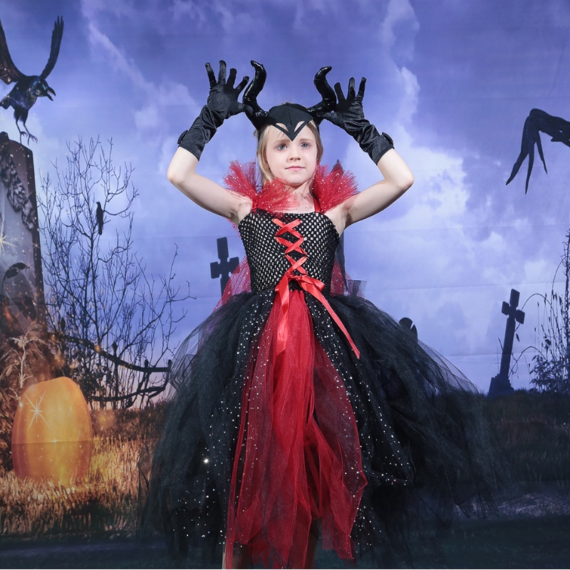 Amazon Hot Bán cho trẻ em gái Deluxe Halloween Ma cà rồng Phù thủy Phiên bản Fairy Princess Evil Tutu Dress Horns Headband