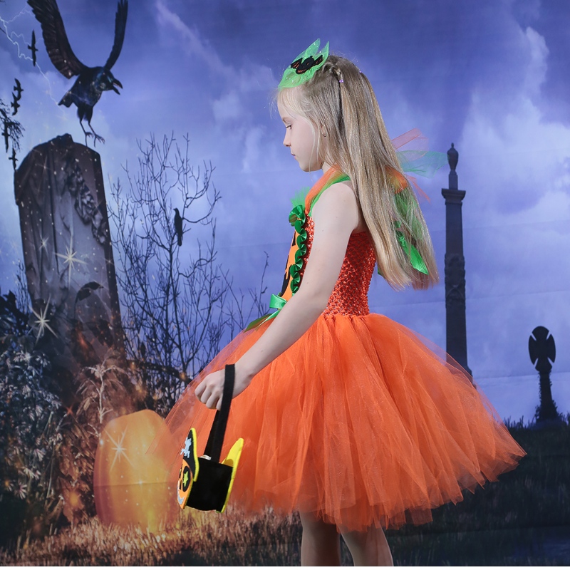 Amazon Hot Bán trẻ em cô gái Halloween Dress Pumpkin Lưới Tulle Tutu Dress