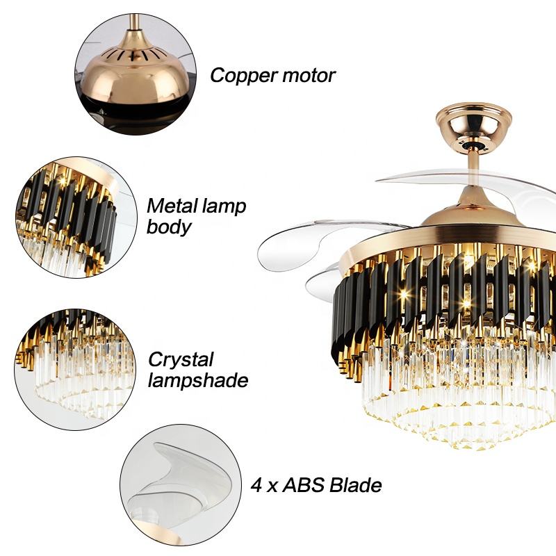 Quạt trần đèn chùm K002 có ánh sáng với điều khiển từ xa 42 inch 3 màu với đèn chùm quạt pha lê loa