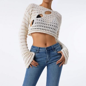Phụnữ rỗng ra crochet đan áo crops khối màu dài tay áo cổ vuông áo len mùa thu đầu