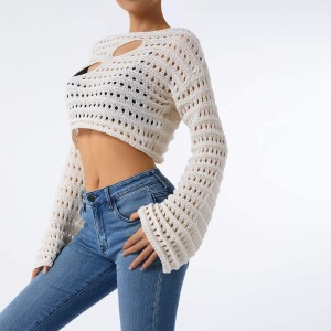 Phụnữ rỗng ra crochet đan áo crops khối màu dài tay áo cổ vuông áo len mùa thu đầu