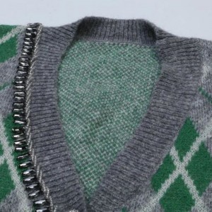 Argyle Jacquard Kned Mohair Cardigan Áo lennữ