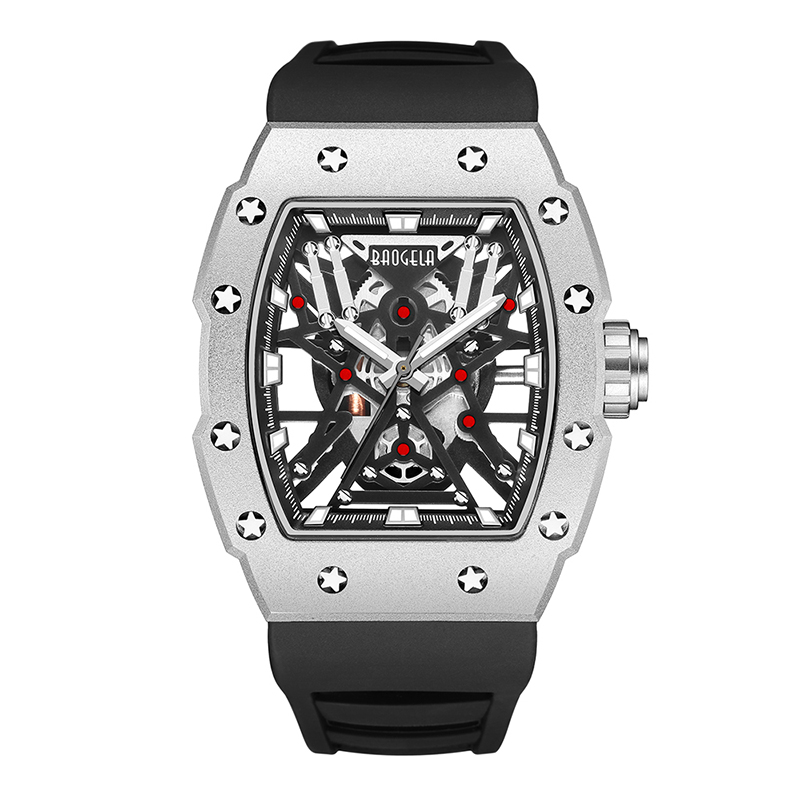 Baogela hàng đầu Thương hiệu thống trị Tonneau Cơ học Phong cách côngnghiệp Skeleton Lum Waterproof Sports Watches Steel Silicone Watch 4147