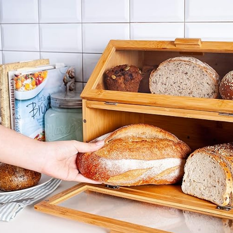 Hộp bánh mì tre cho quầy bếp - Lưu trữ bánh mì hai lớp với cửa sổ rõ ràng - Thùng bánh mì kiểu trang trại mộc mạc