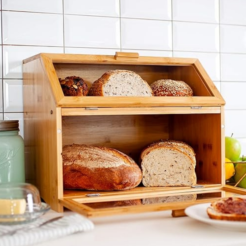 Hộp bánh mì tre cho quầy bếp - Lưu trữ bánh mì hai lớp với cửa sổ rõ ràng - Thùng bánh mì kiểu trang trại mộc mạc