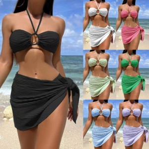 Đồ bơi bikini gợi cảm ba-Bộ được đặt với một chiếc váy sheer, dây-Kiểu cổ, áo tắm màu rắn cho phụnữ, có sẵn trong kho vànhiều màu SY816 Giá:$79,99