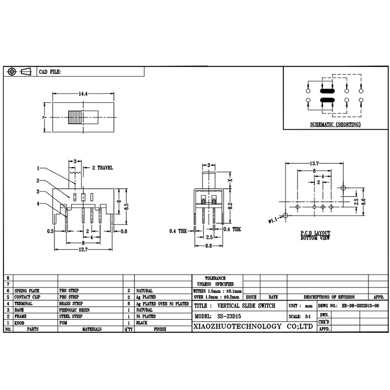 Công tắc trượt SS23D15 Đèn pin Mini Tea Mini Tniding Sliding Switch
