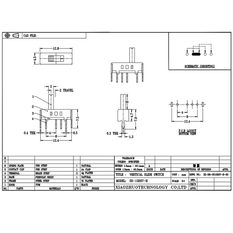 Công tắc trượt SS13D07 đơn-Hàng bốn-Công tắc chuyển đổi vi mô pin, công tắc bật tắt cho các thiết bị điện, công tắc trượt 3, 4, 5 và 6