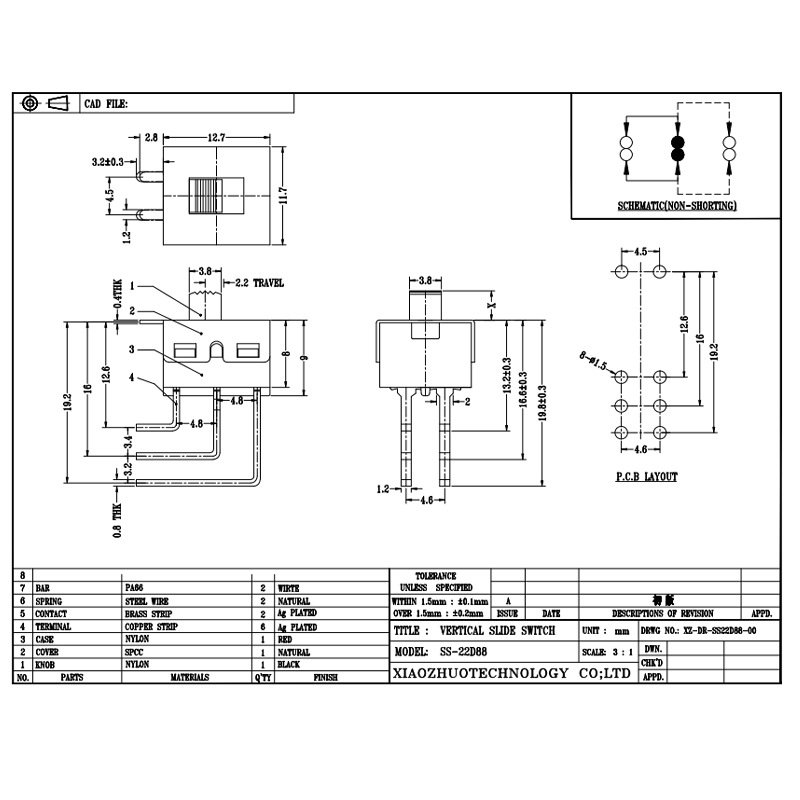 Công tắc trượt SS22D88 Công tắc đồ chơi, ánh sáng, máy duỗi tóc, máy sấy tóc, dòng điện cao, công tắc bật tắt