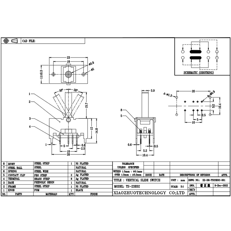 Công tắc trượt TS23E02, Double-Hàng 8-Công tắc xoay pin, tiếng ồn-Hủy tainghe và loa